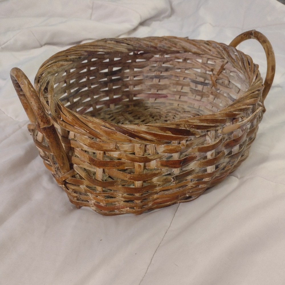 Hand Woven White Washed Rattan Double Handle Oval Shape Basket
